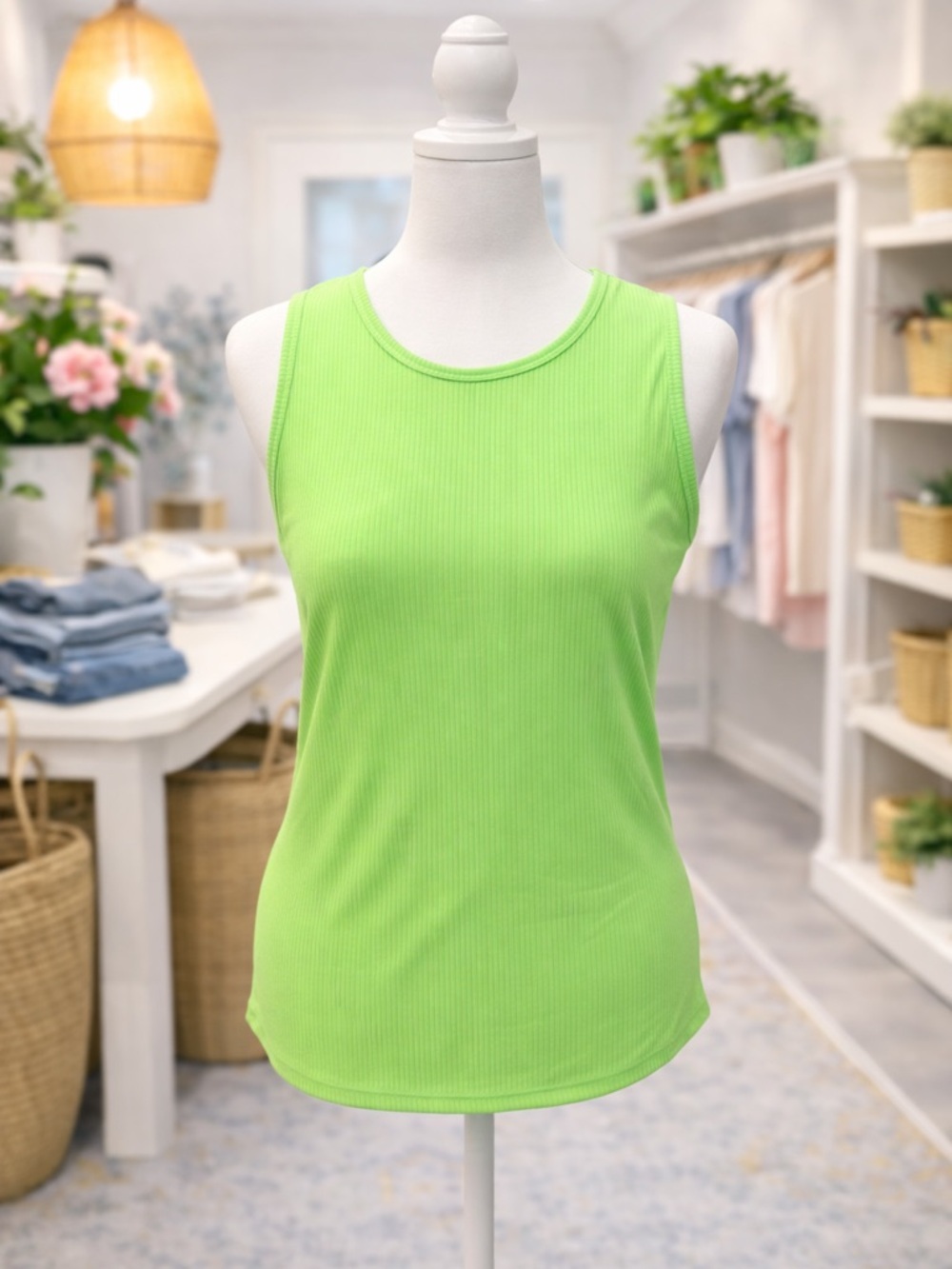 White Birch Neon Green Ribbed Tank Top Sleeveless Stretch Plus 1X 2X 3X